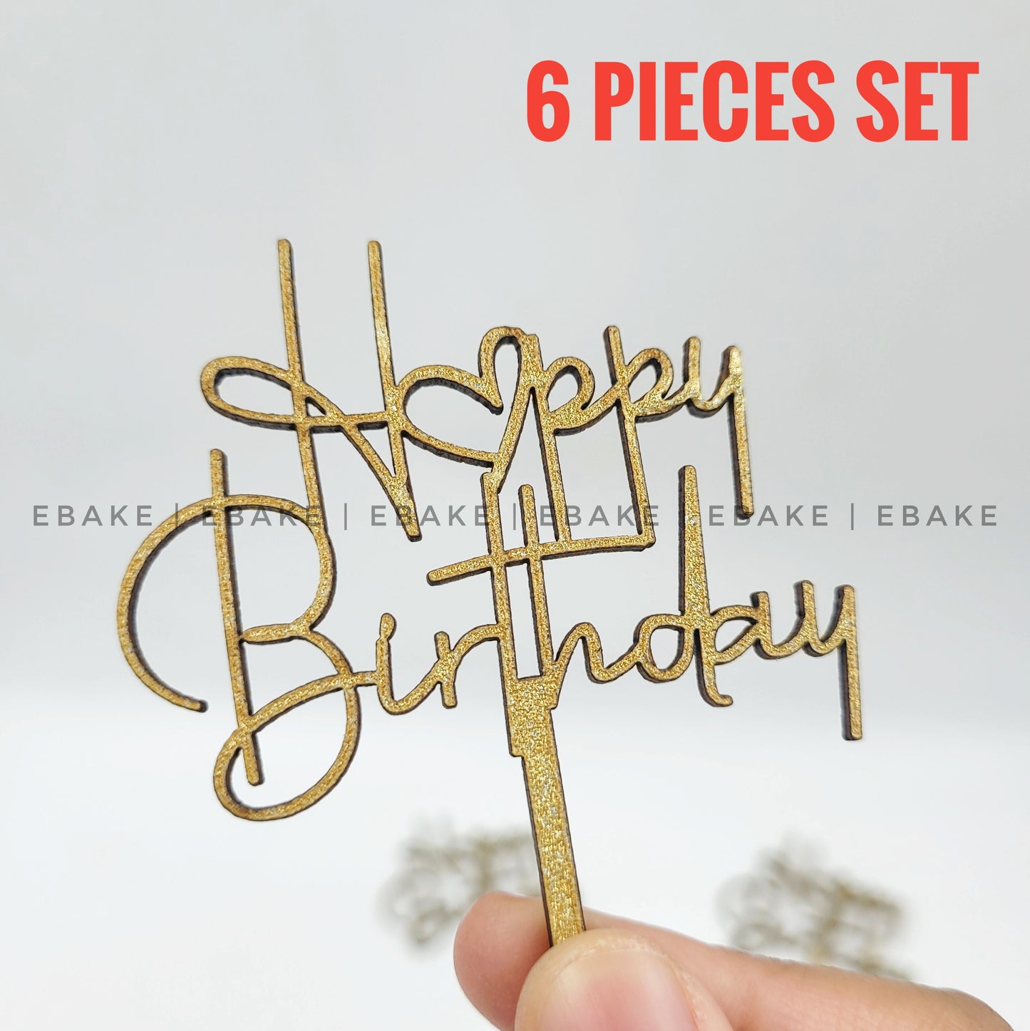 Happy Birthday Mini Topper Gold Glitter (Set of 6) MDF