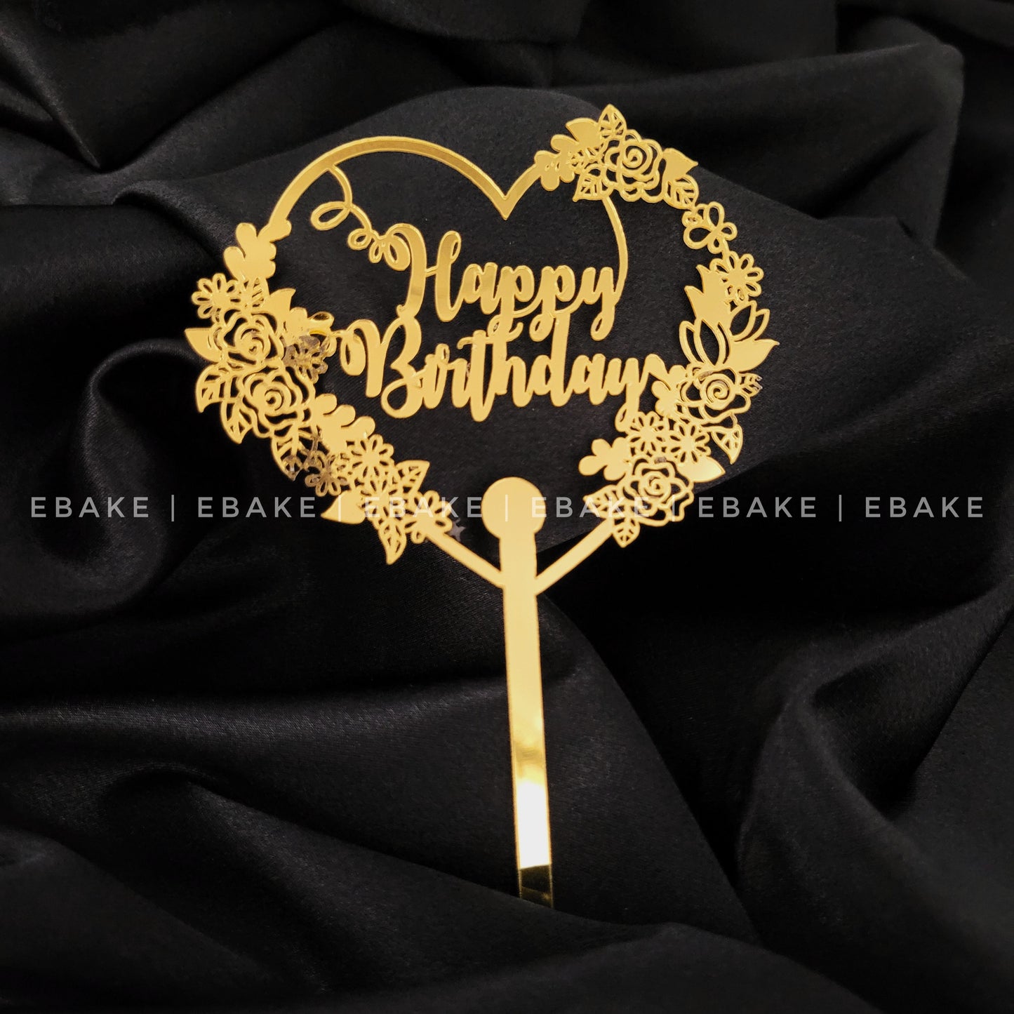 Happy Birthday Heart Cake Topper (Golden)