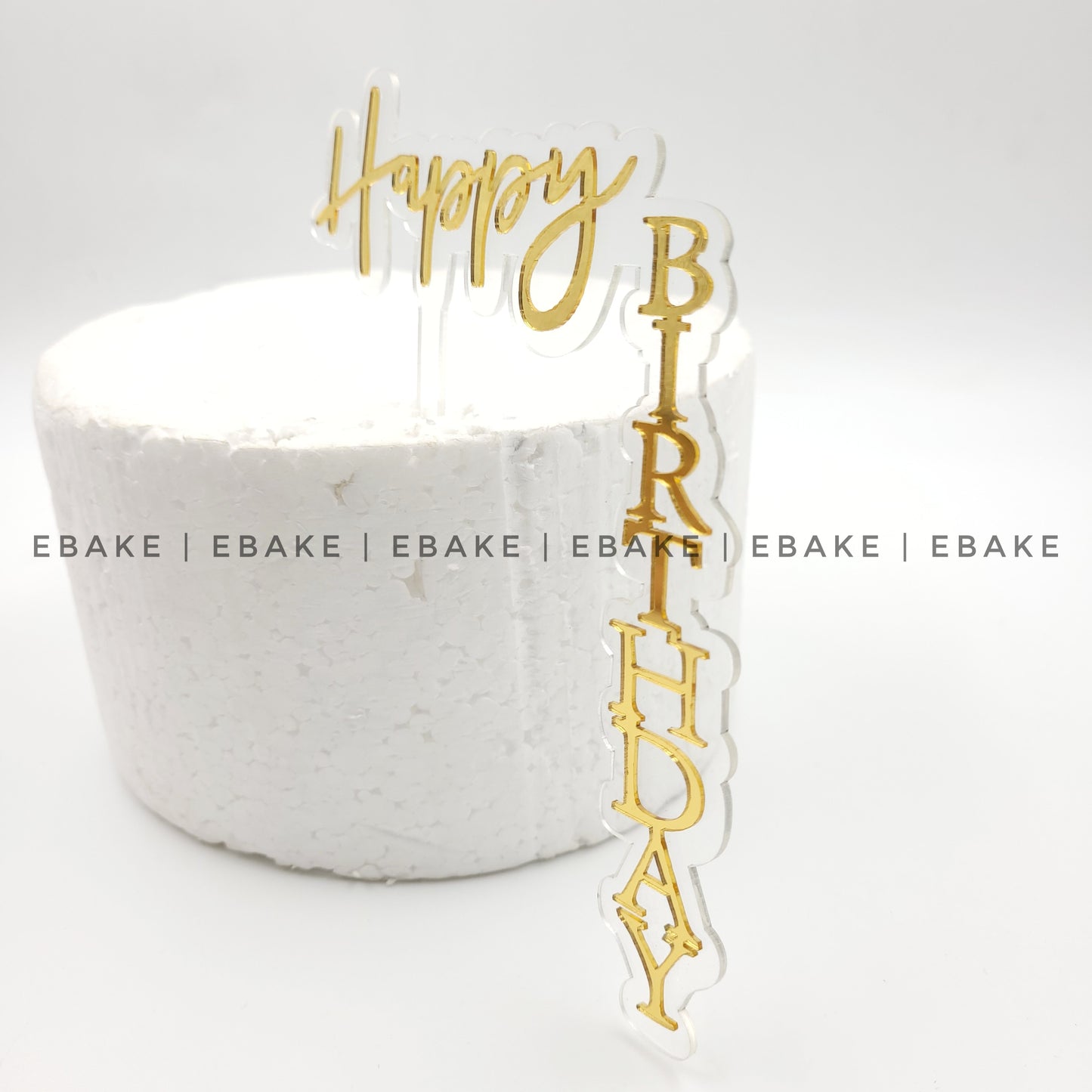 Happy Birthday Vertical L-Shaped Cake Topper (Clear & Gold)