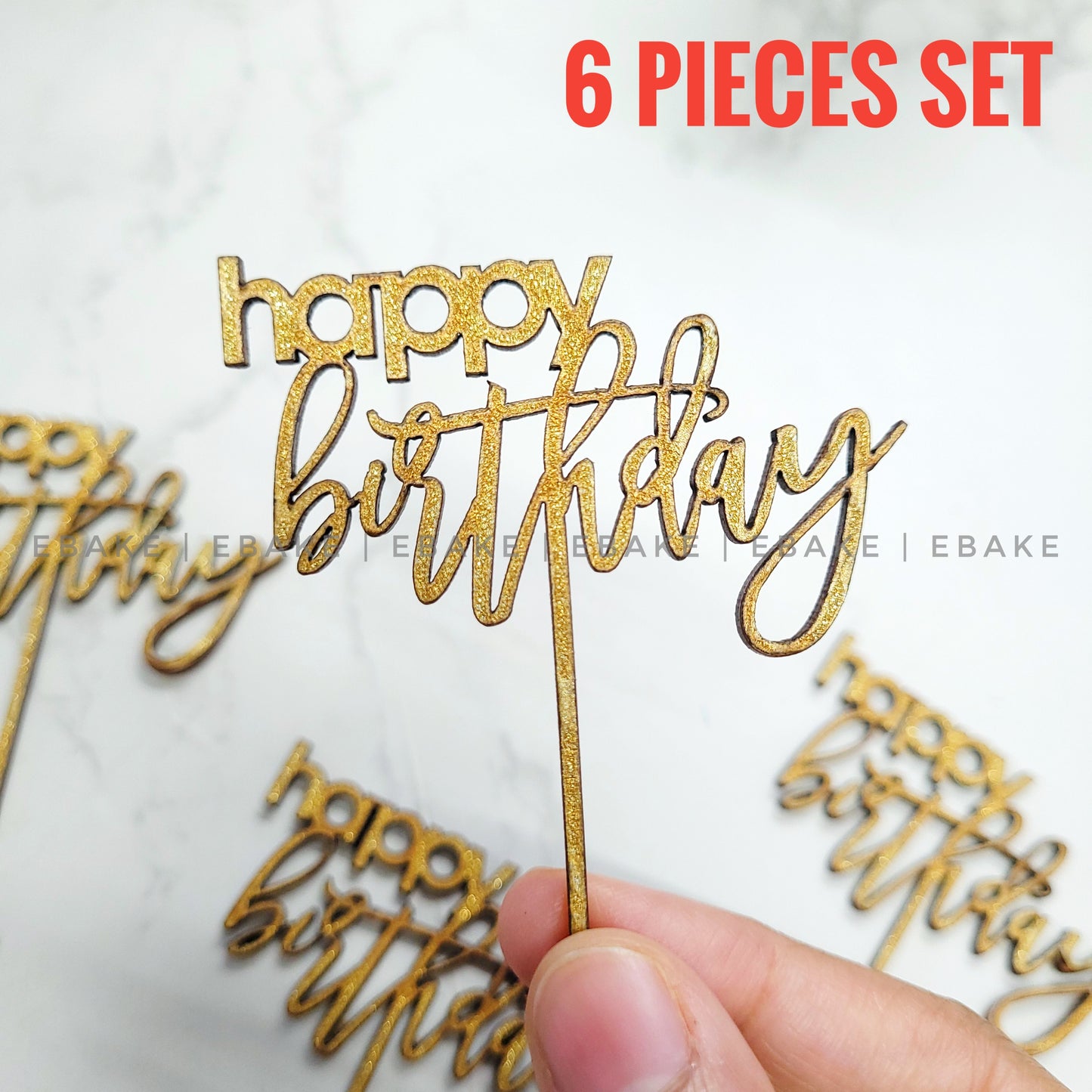 Happy Birthday Mini Topper Gold Glitter (Set of 6) MDF