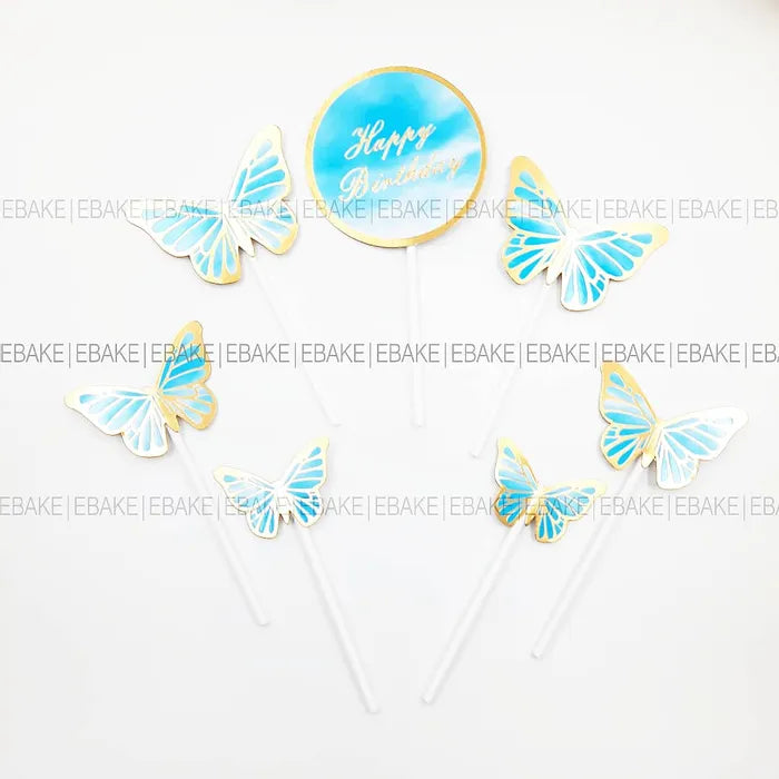 Butterflies And Birthday Cake Topper - Blue