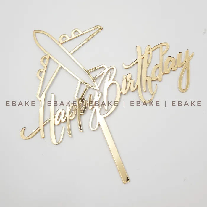 Happy Birthday Cake Topper (Golden) Airplane, Aircraft