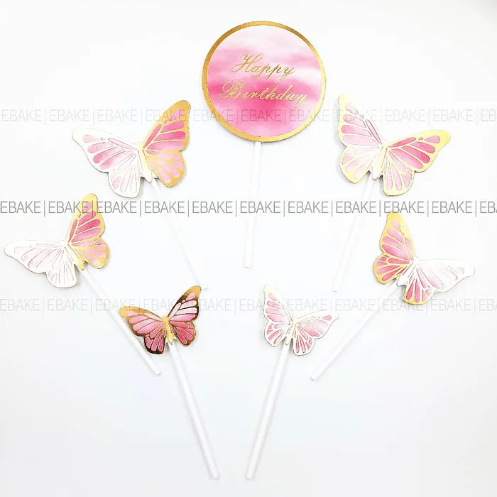 Butterflies And Birthday Cake Topper - Pink