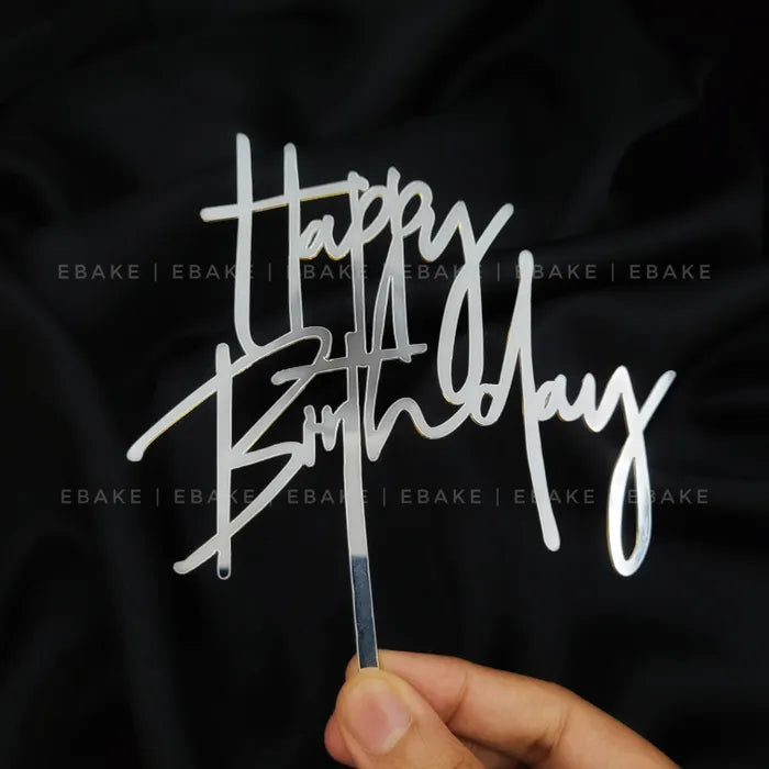 Silver Happy Birthday Cake Topper