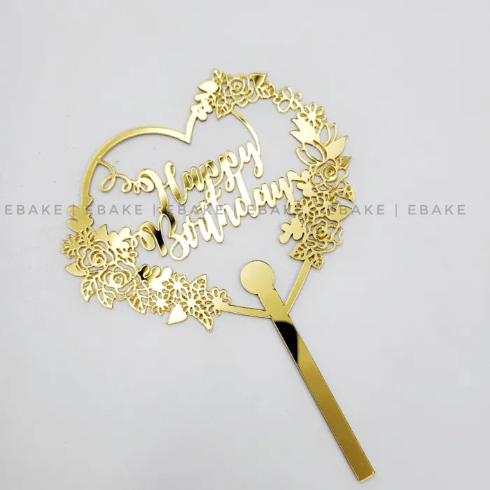 Happy Birthday Heart Cake Topper (Golden)