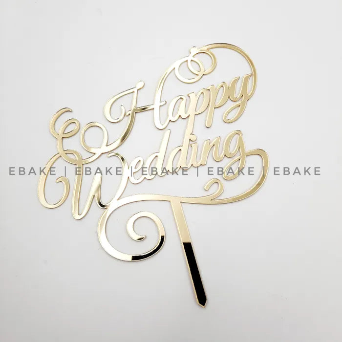 Happy Wedding Cake Topper Golden